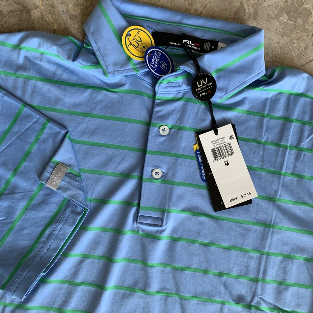 NWT $98.50 RLX Golf Ralph Lauren Mens Wicking Polo Blue Green Striped Sz MEDIUM